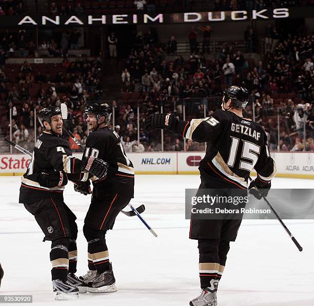 Nick Boynton and Corey Perry of the Anaheim Ducks celebrate a third period goal during the game against the Phoenix Coyotes on November 29, 2009 at...