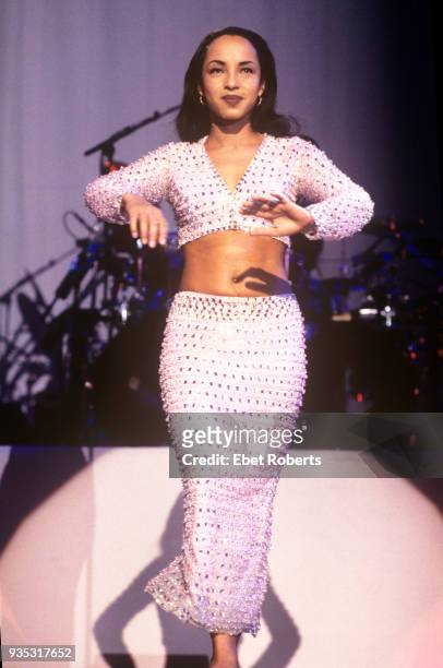 British singer-songwriter Sade performing at the Paramount Theater at Madison Square Garden in New York City, 22nd March 1993.