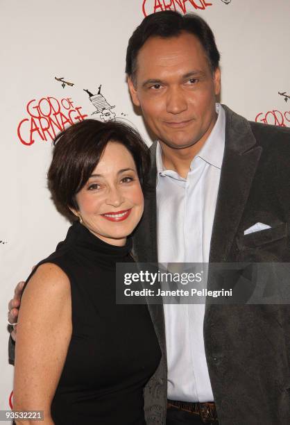 Annie Potts and Jimmy Smits attend a meet and greet with the cast of Broadway's "God of Carnage" at Etcetera Etcetera on December 1, 2009 in New York...