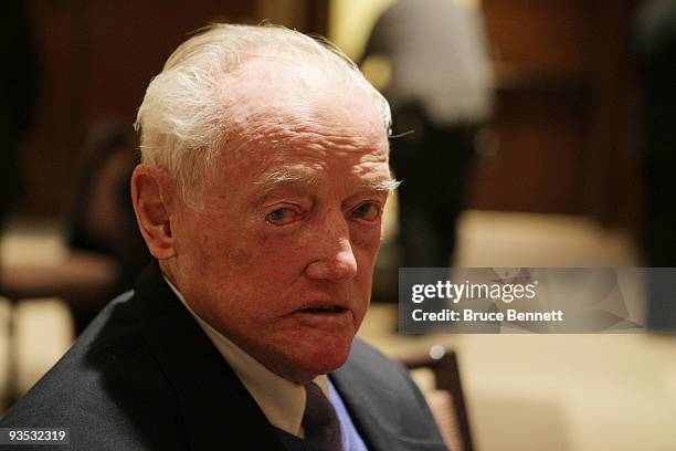 Jack Riley, head coach of the 1960 Men's Olympic gold medal team speaks with the media during a photo opportunity prior to the U.S. Hockey Hall of...