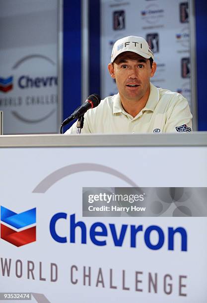 Padraig Harrington of Ireland speaks to media during preview for the Chevron World Challenge at Sherwood Country Club on December 1, 2009 in Thousand...