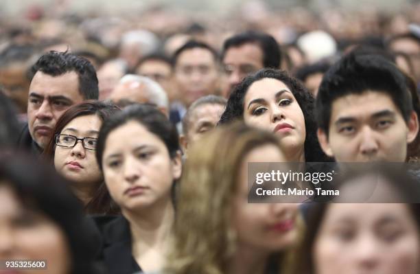 New U.S. Citizens gather at a naturalization ceremony on March 20, 2018 in Los Angeles, California. The naturalization ceremony welcomed more than...