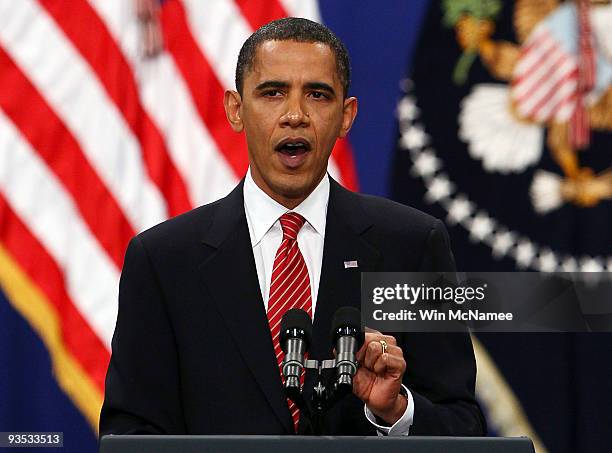 President Barack Obama speaks at the U.S. Military Academy at West Point on December 1, 2009 in West Point, New York. President Obama laid out his...