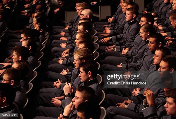 Cadets listen to U.S. President Barack Obama speak in Eisenhower Hall at the United States Military Academy at West Point December 1, 2009 in West...