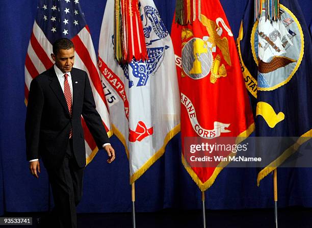 President Barack Obama walks on stage to speak at the U.S. Military Academy at West Point on December 1, 2009 in West Point, New York. President...