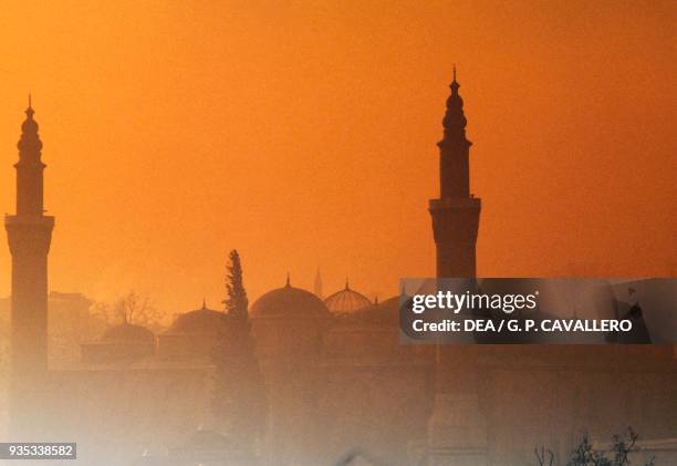 View of the Grand mosque at dusk, 15th century, Bursa, Marmara, Turkey.