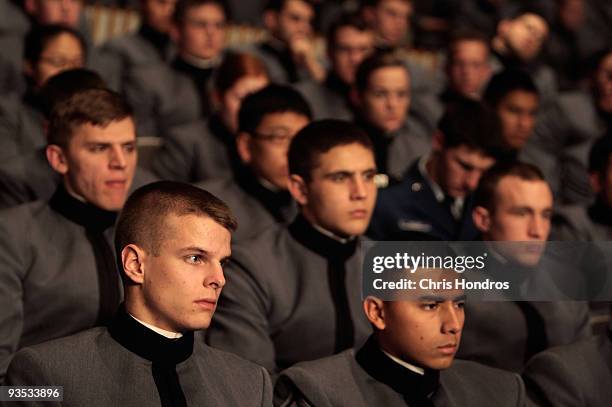 Cadets watch U.S. President Barack Obama speak in Eisenhower Hall at the United States Military Academy at West Point December 1, 2009 in West Point,...