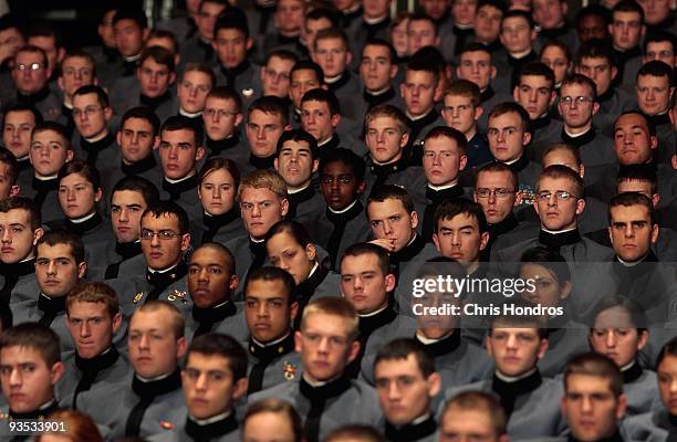 Cadets watch U.S. President Barack Obama speak in Eisenhower Hall at the United States Military Academy at West Point December 1, 2009 in West Point,...