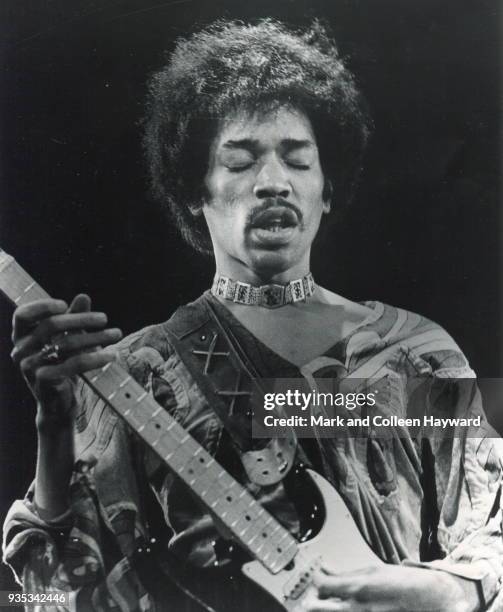 American musician Jimi Hendrix performs on stage at the Isle Of Wight Festival, United Kingdom, 18th August 1970.