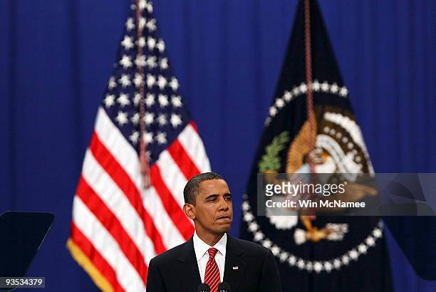 President Barack Obama speaks at the U.S. Military Academy at West Point on December 1, 2009 in West Point, New York. President Obama laid out his...