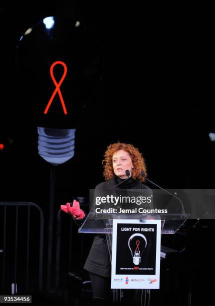 Actress and UNICEF Goodwill Ambassador Susan Sarandon speaks during the amfAR world AIDS day event at Washington Square Park on December 1, 2009 in...