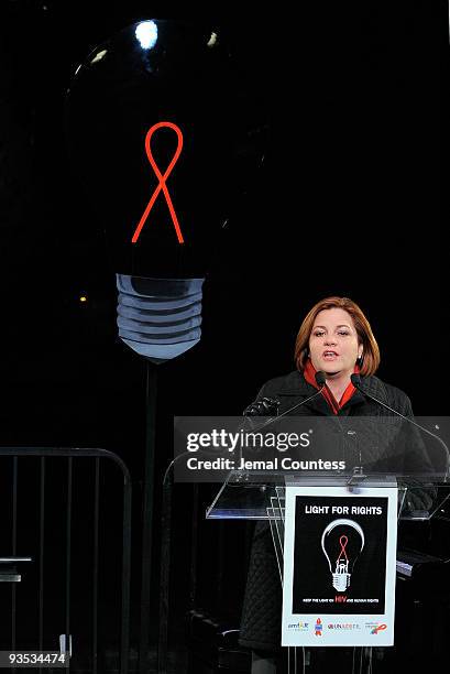 Speaker of the New York City Council Christine C. Quinn speaks during the amfAR world AIDS day event at Washington Square Park on December 1, 2009 in...