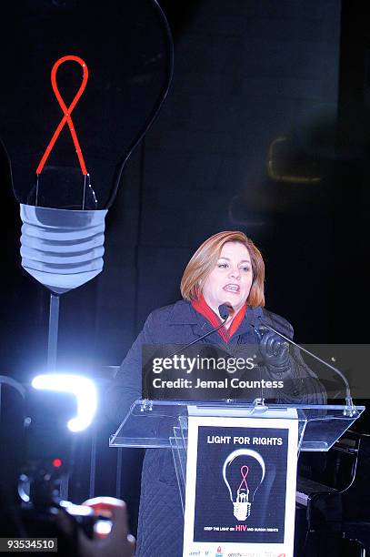 Speaker of the New York City Council Christine C. Quinn speaks during the amfAR world AIDS day event at Washington Square Park on December 1, 2009 in...