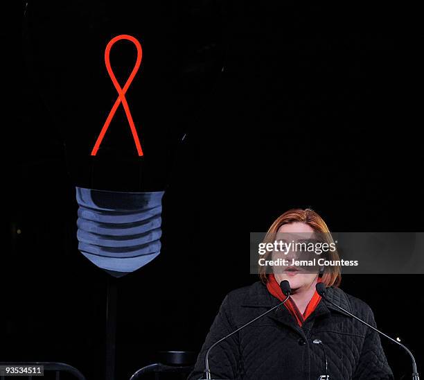 Speaker of the New York City Council Christine C. Quinn speaks during the amfAR world AIDS day event at Washington Square Park on December 1, 2009 in...