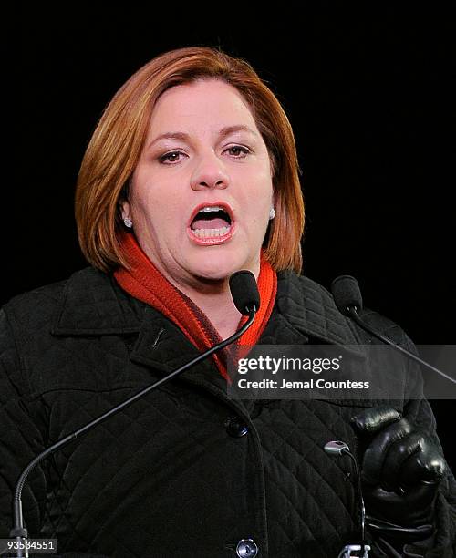 Speaker of the New York City Council Christine C. Quinn speaks during the amfAR world AIDS day event at Washington Square Park on December 1, 2009 in...