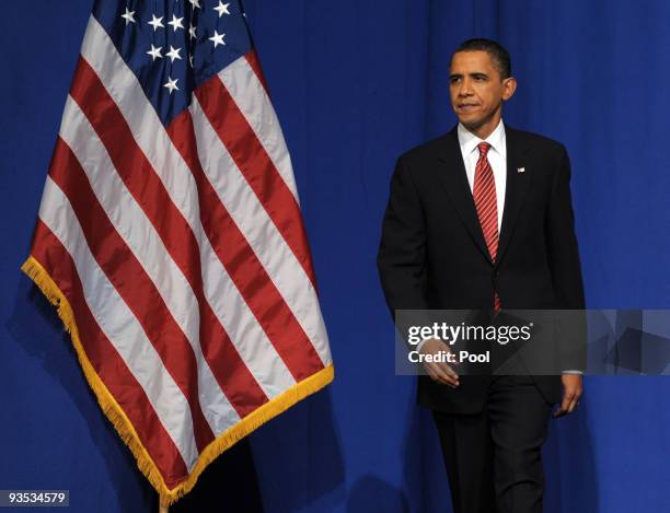 President Barack Obama arrives to speak in Eisenhower Hall at the United States Military Academy at West Point December 1, 2009 in West Point, New...