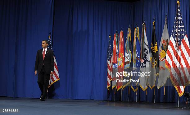 President Barack Obama arrives to speak in Eisenhower Hall at the United States Military Academy at West Point December 1, 2009 in West Point, New...