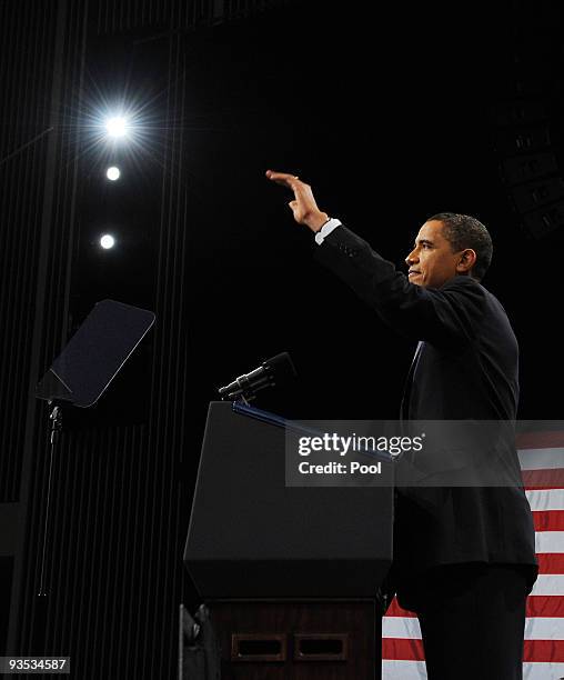 President Barack Obama arrives to speak in Eisenhower Hall at the United States Military Academy at West Point December 1, 2009 in West Point, New...