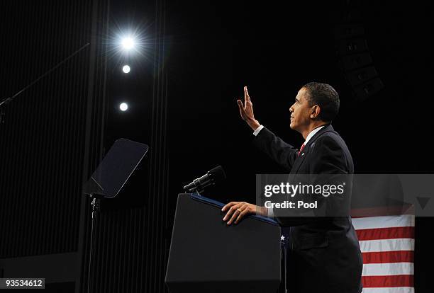 President Barack Obama arrives to speak in Eisenhower Hall at the United States Military Academy at West Point December 1, 2009 in West Point, New...