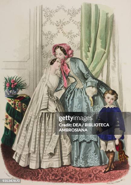 Girl wearing a muslin first communion dress, young woman wearing a Regence-style taffeta dress, boy wearing a velvet Henry VIII blouse and Louis XIII...