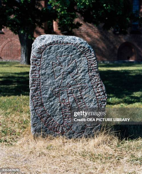 Runestone with inscription, Uppsala, Sweden. Viking civilisation.