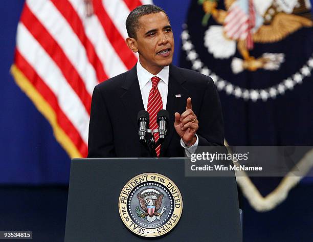 President Barack Obama speaks at the U.S. Military Academy at West Point on December 1, 2009 in West Point, New York. President Obama laid out his...