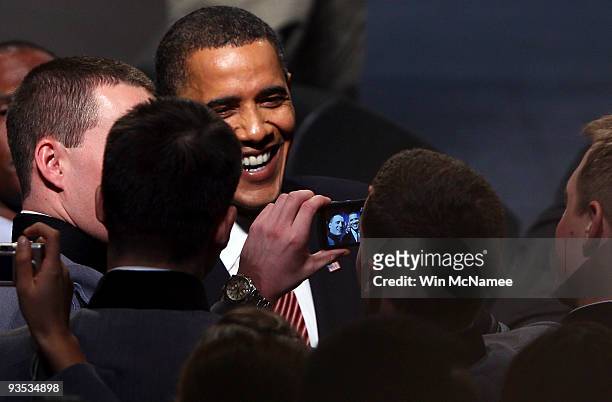 President Barack Obama greets cadets after speaking at the U.S. Military Academy at West Point on December 1, 2009 in West Point, New York. President...