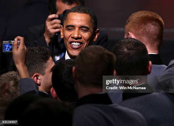 President Barack Obama greets cadets after speaking at the U.S. Military Academy at West Point on December 1, 2009 in West Point, New York. President...