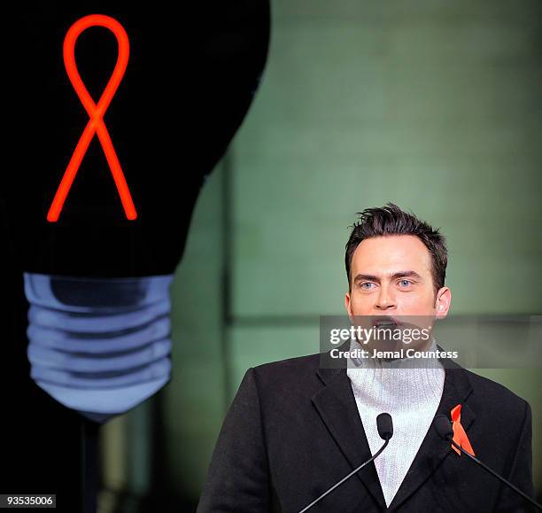 Actor Cheyenne Jackson speaks during the amfAR world AIDS day event at Washington Square Park on December 1, 2009 in New York City.