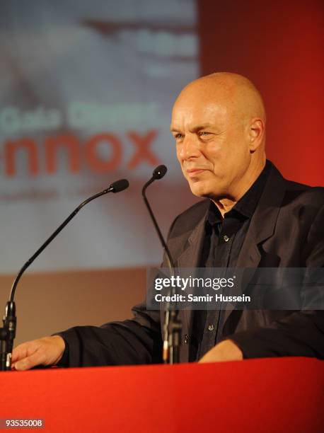 Brian Eno gives a speech during 'A Tribute to Annie Lennox' in aid of the International Fundraising Committee of the British Red Cross at the...