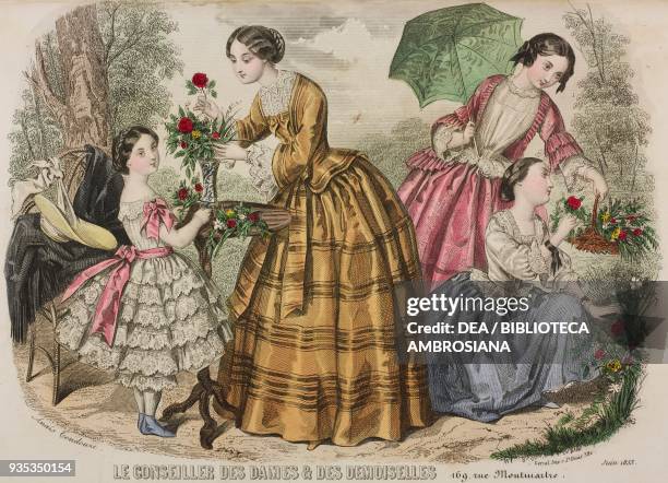 Girl wearing a light-coloured muslin dress, young woman wearing a dress with a dark yellow plain jacket and Bayadera skirt, girl wearing a muslin...