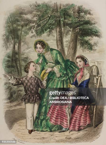 Boy wearing a checked blouse without a collar, woman wearing a green taffeta dress, young woman wearing a pink-striped skirt and blue shawl, sitting...