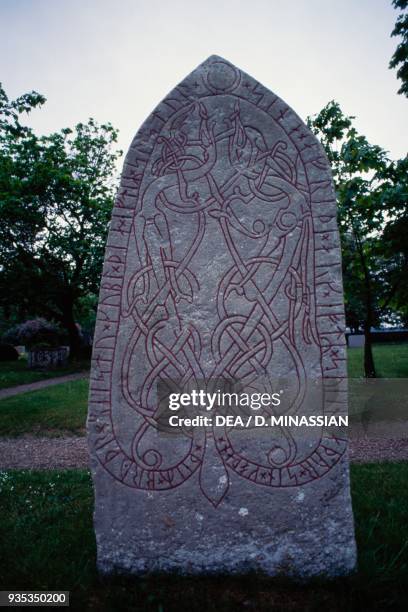 Runestone with inscription, Sandby, Oland, Sweden. Viking civilisation.