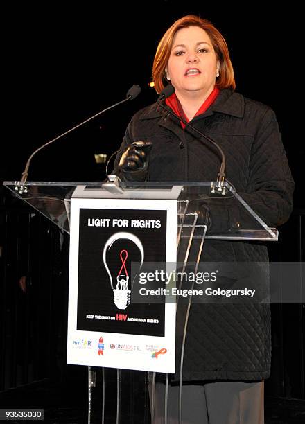 Speaker of the New York City Council Christine Quinn attends the amfAR World AIDS Day media event in Washington Square Park on December 1, 2009 in...
