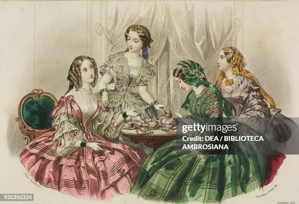Young women sitting at a table having tea: pink taffeta dress, dress decorated with lace, green-checked dress, sleeveless dress with flounces,...
