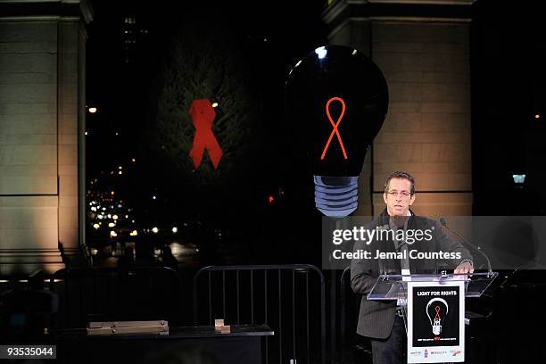 Chairman of the Board of Trustees for amfAR Kenneth Cole speaks during the amfAR world AIDS day event at Washington Square Park on December 1, 2009...