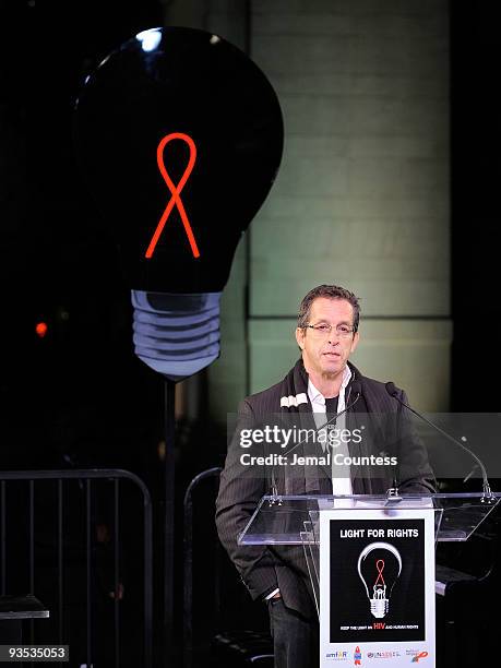 Chairman of the Board of Trustees for amfAR Kenneth Cole speaks during the amfAR world AIDS day event at Washington Square Park on December 1, 2009...