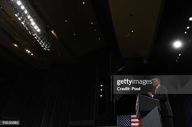 President Barack Obama speaks in Eisenhower Hall at the United States Military Academy at West Point December 1, 2009 in West Point, New York....