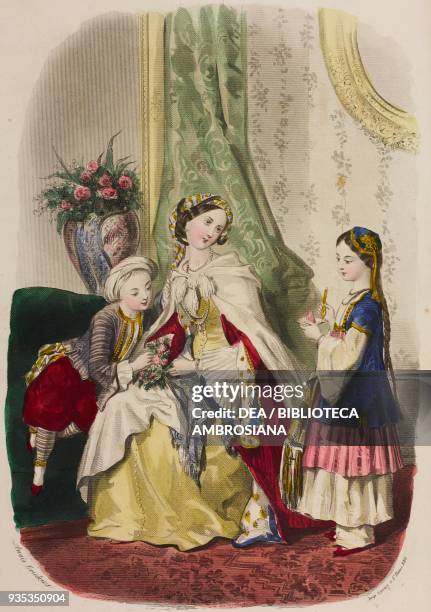 Boy wearing a turkish-style outfit with turbans, woman wearing a turkish-style dress with turban, girl wearing a greek-style dress, illustration by...
