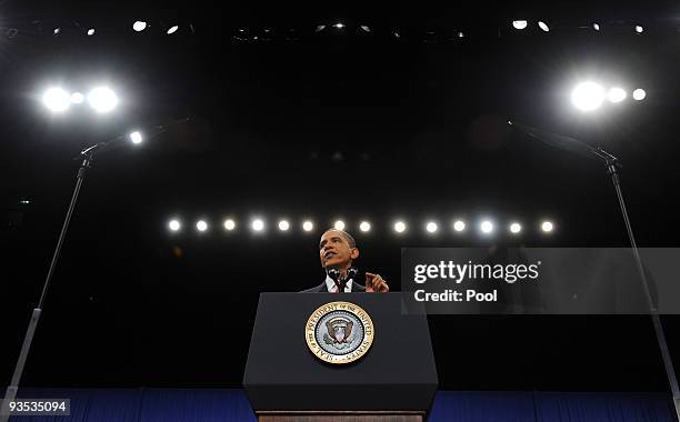 President Barack Obama speaks in Eisenhower Hall at the United States Military Academy at West Point December 1, 2009 in West Point, New York....
