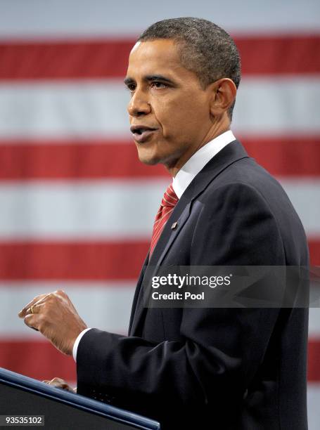 President Barack Obama speaks in Eisenhower Hall at the United States Military Academy at West Point December 1, 2009 in West Point, New York....