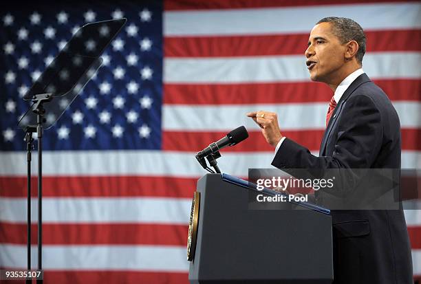 President Barack Obama speaks in Eisenhower Hall at the United States Military Academy at West Point December 1, 2009 in West Point, New York....