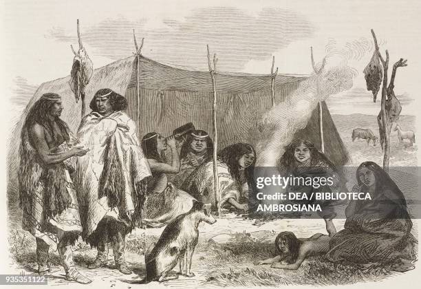 Patagonian wigwam , women and children around the fire, illustration from the magazine The Illustrated London News, volume LIV, March 27, 1869.