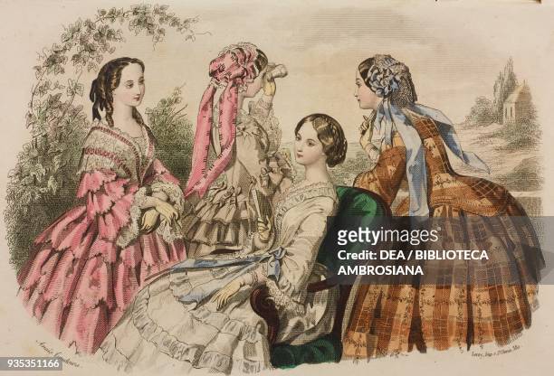 Young woman wearing a taffeta summer dress, young woman wearing a summer dress with ruffled skirt and tulle bonnet, young woman wearing a muslin...