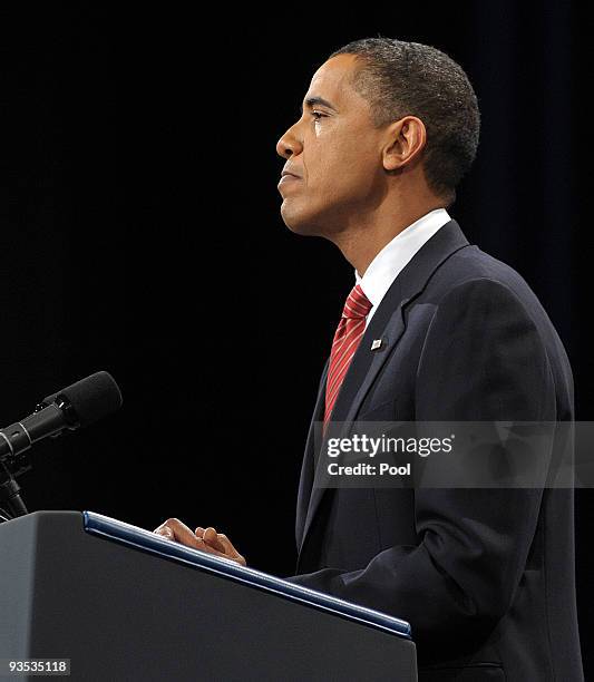 President Barack Obama speaks in Eisenhower Hall at the United States Military Academy at West Point December 1, 2009 in West Point, New York....