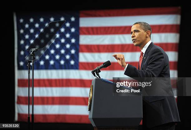 President Barack Obama speaks in Eisenhower Hall at the United States Military Academy at West Point December 1, 2009 in West Point, New York....