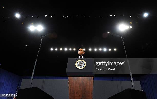 President Barack Obama speaks in Eisenhower Hall at the United States Military Academy at West Point December 1, 2009 in West Point, New York....