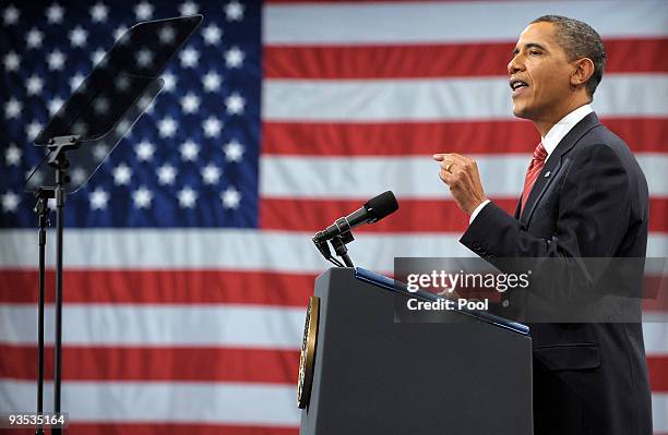 President Barack Obama speaks in Eisenhower Hall at the United States Military Academy at West Point December 1, 2009 in West Point, New York....