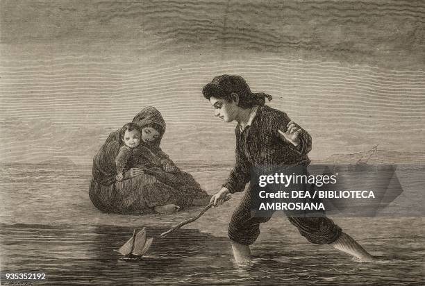 Children of the sea, a child playing with a toy boat, engraving from a watercolour by Lawrence Duncan , illustration from the magazine The...