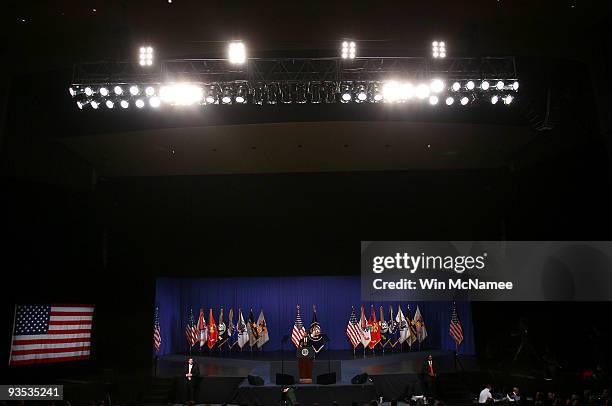 President Barack Obama speaks at the U.S. Military Academy at West Point on December 1, 2009 in West Point, New York. President Obama laid out his...